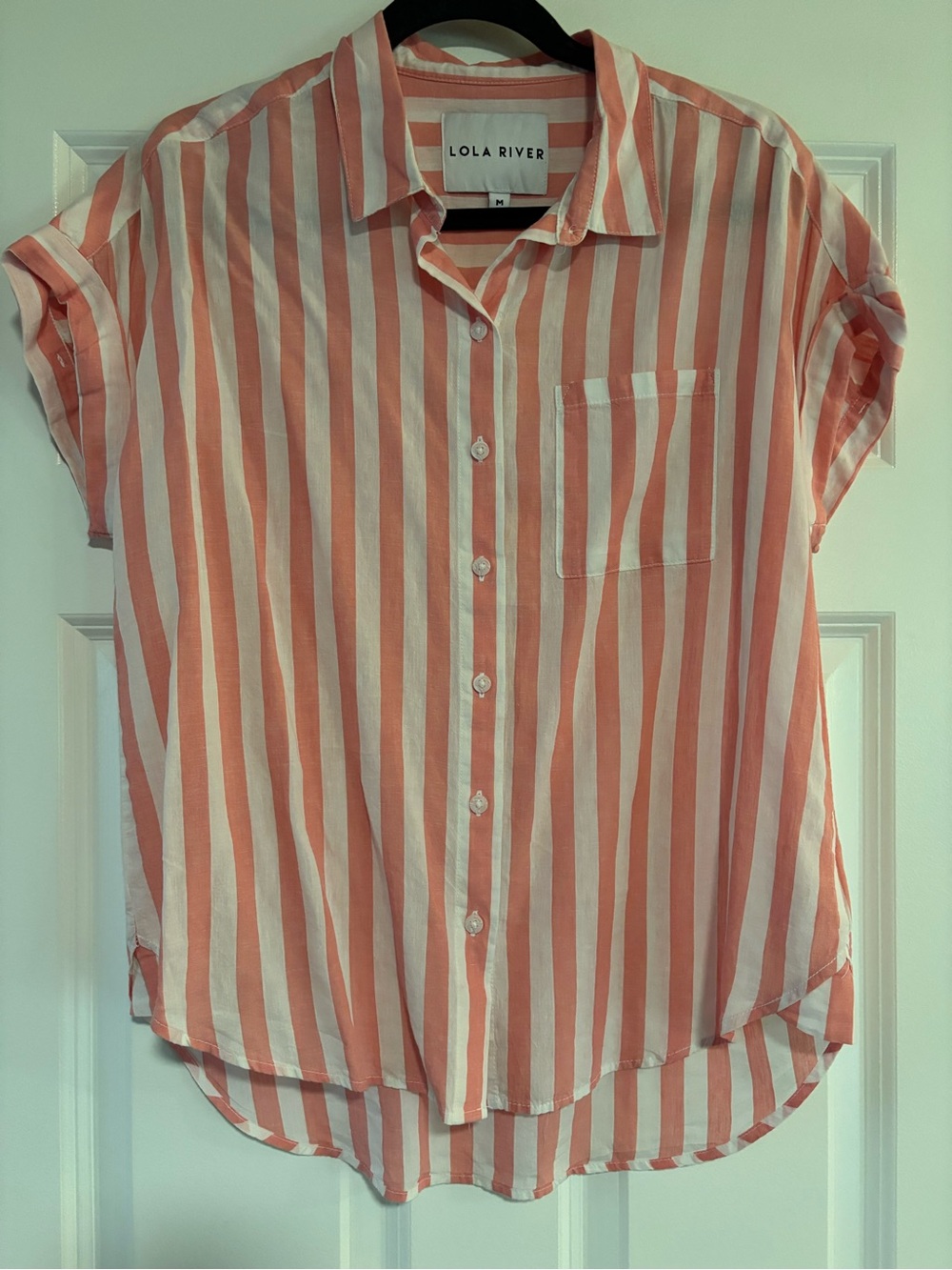 Lola River Linen Blend Pink & White Striped Button-Up Shirt, size Medium